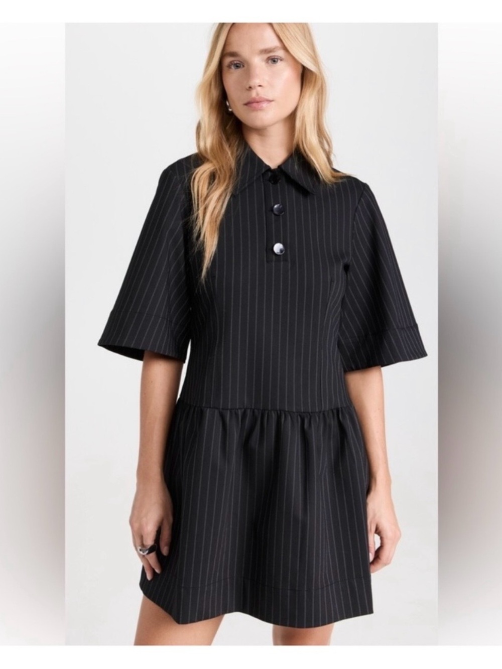 Ganni Black Pinstripe Collared Short-Sleeve Mini Dress